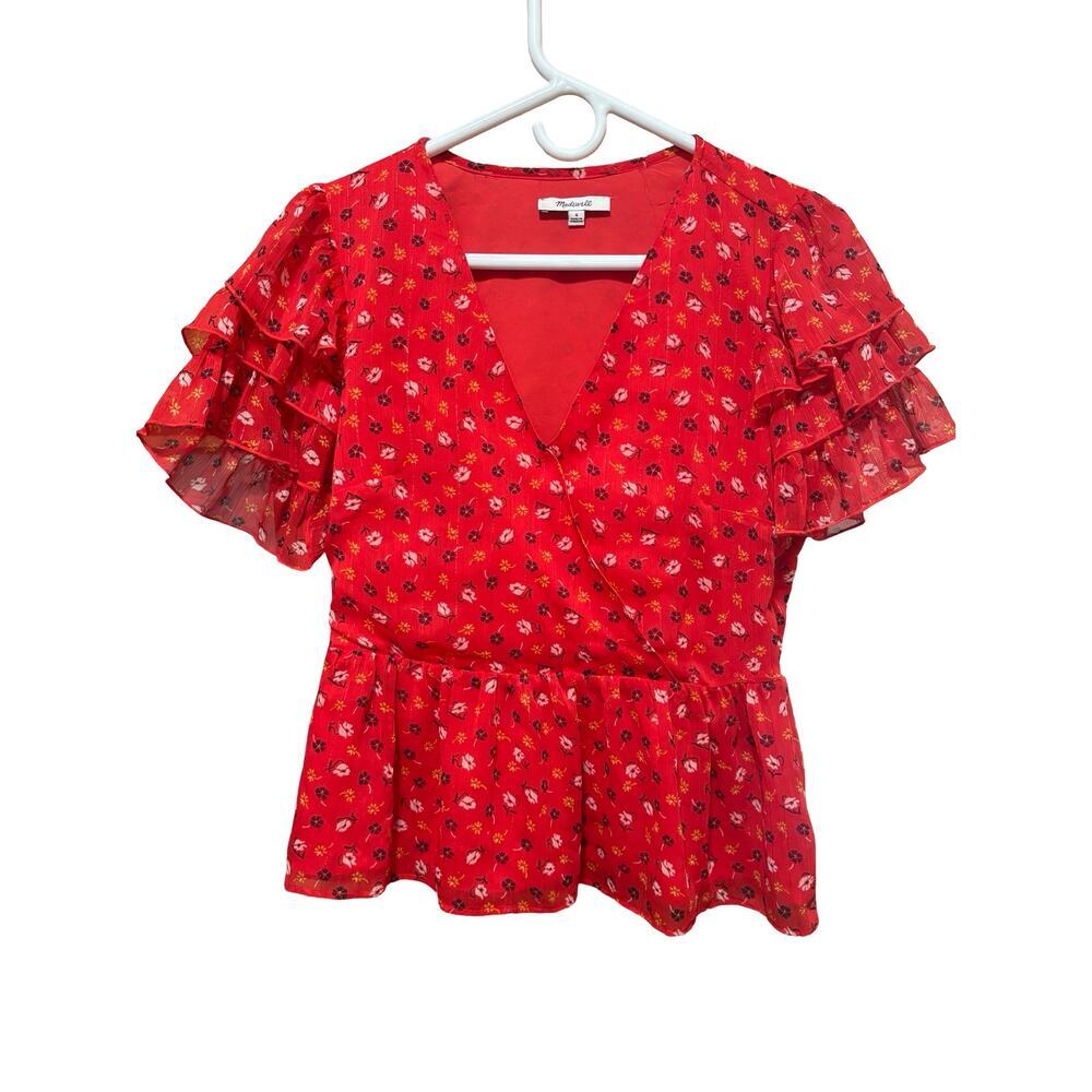 SALE! Madewell Floral Metallic Faux Wrap Peplum Blouse Ruffle Sleeve Size 4 - Picture 2 of 8